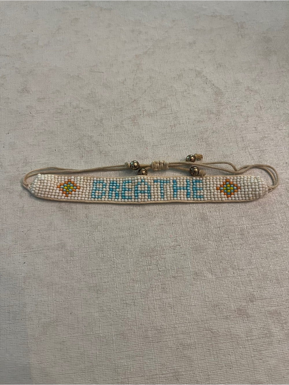 Vintage white and turquoise Beaded 'BREATHE' pull Bracelet. So Indie!